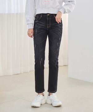 본딩기모 스판 데미지 배기 데님 (블랙)