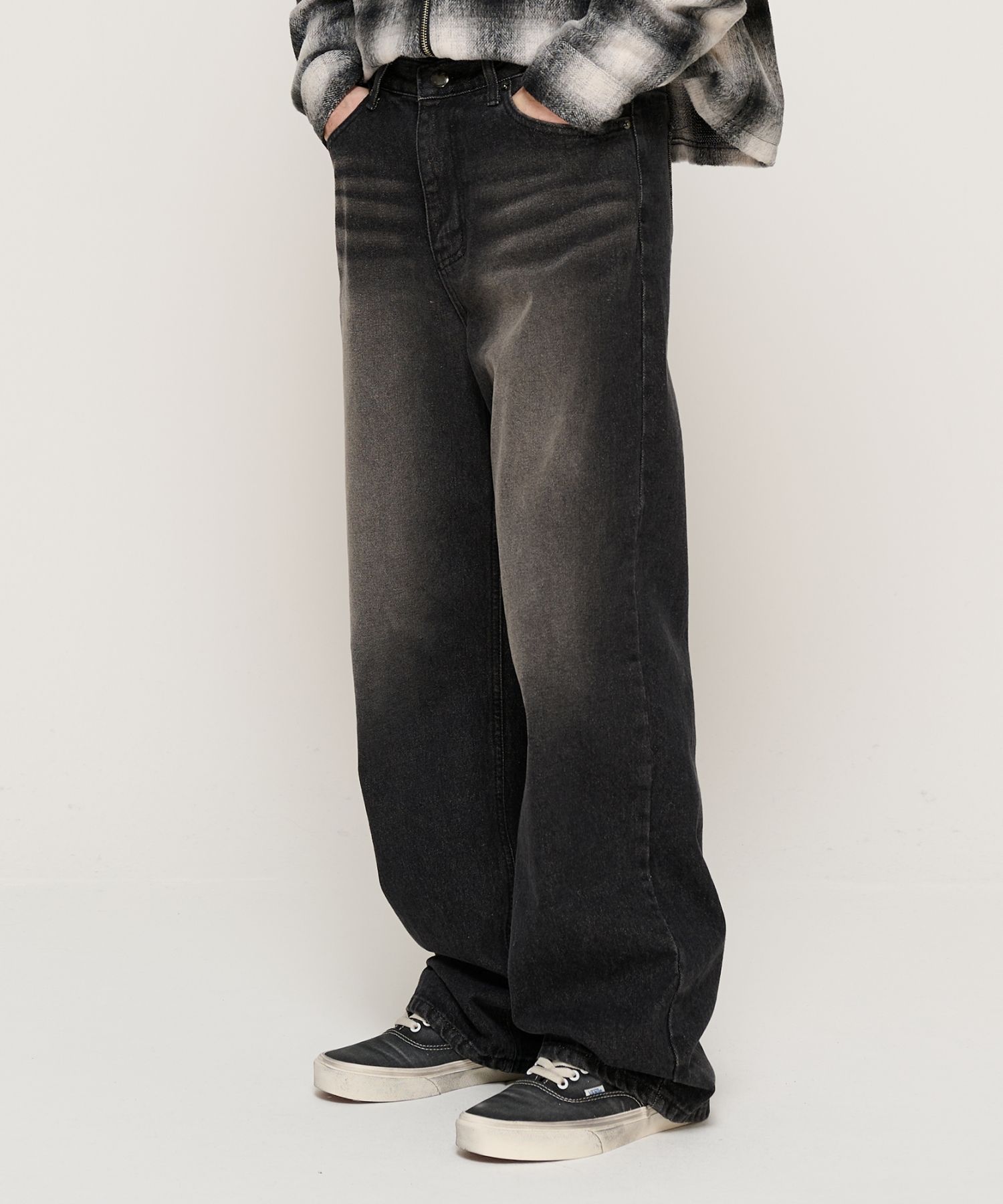 Men's Vintage Wash Semi-Wide Jeans IO502 - Acubi style | LEWKIN vintage wash semi wide denim