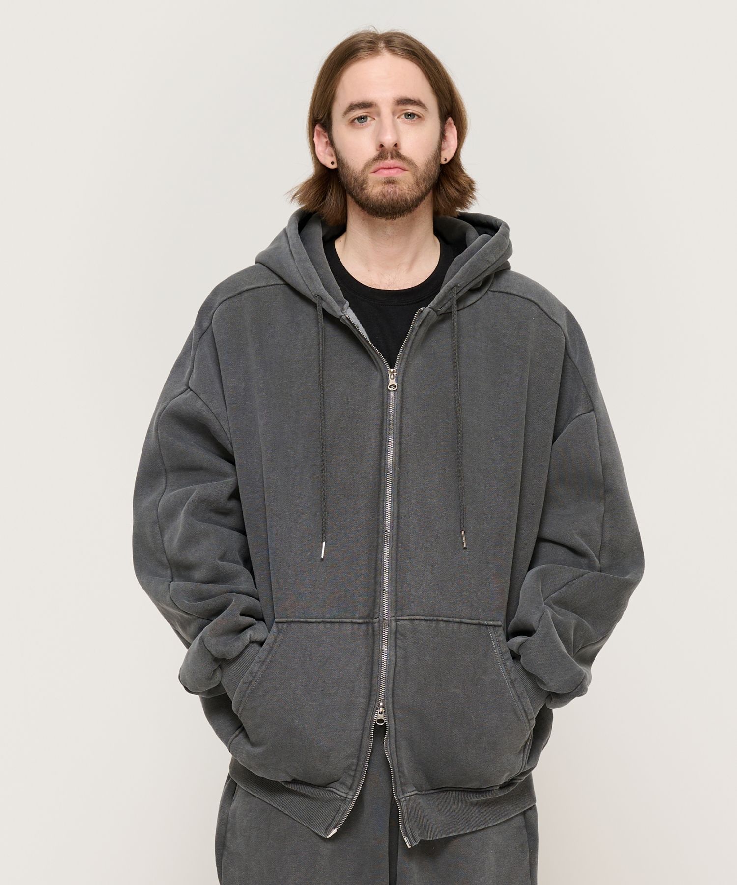 ★HOODHOOD★ Pigment damage hood zip-up charcoal MUSINSA | HOODHOOD Pigment damage hood zip-up charcoal