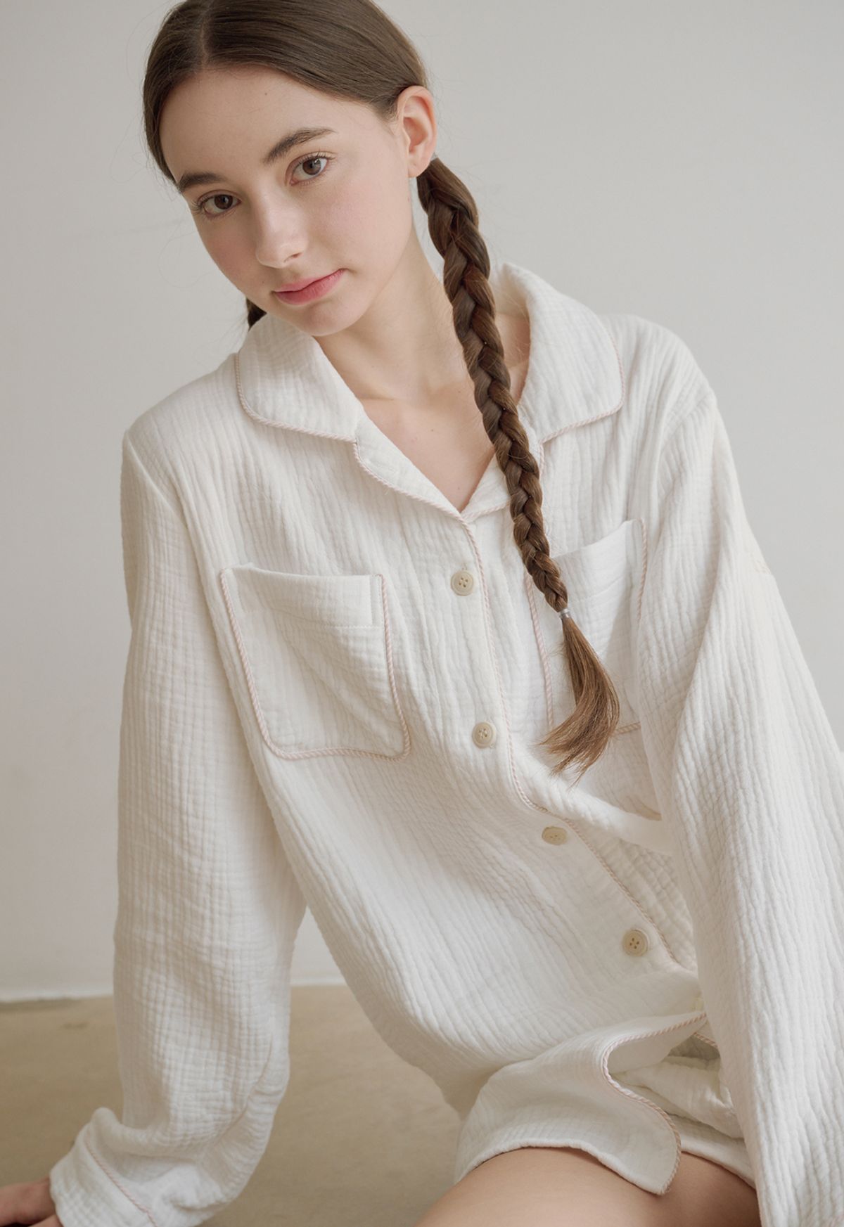 보일하우스(BOIL HOUSE) Two Way Round Hem Pajama Set (white)