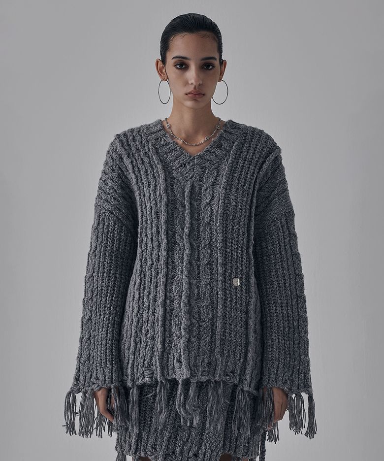 Wool Damage Tassel Knit Set-Up Pullover [ Gray ]
