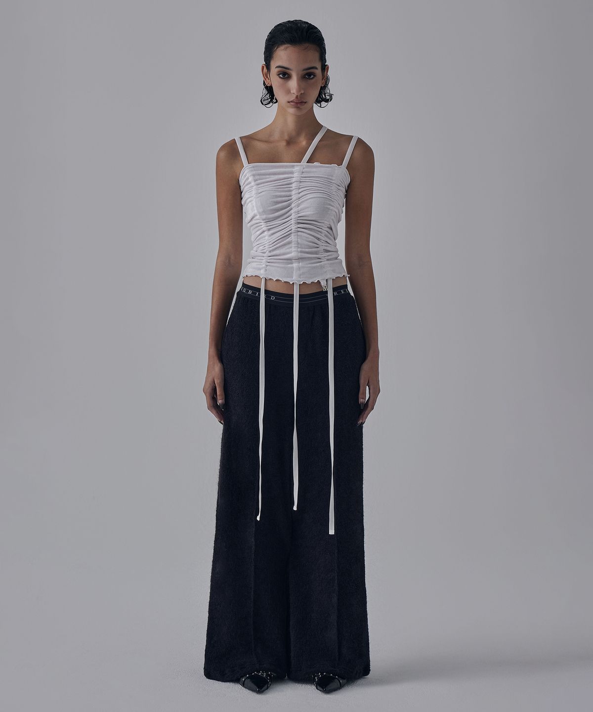 트리밍버드(TREEMINGBIRD) Velvet String Shirring Layered Top [ White ]