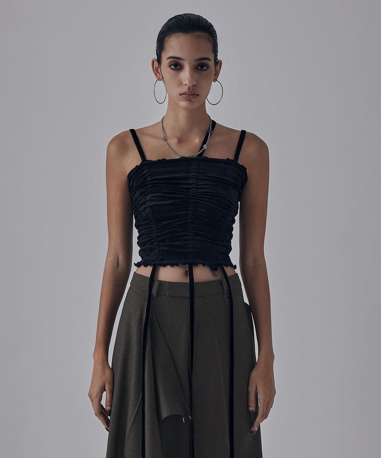Velvet String Shirring Layered Top [ Black ]