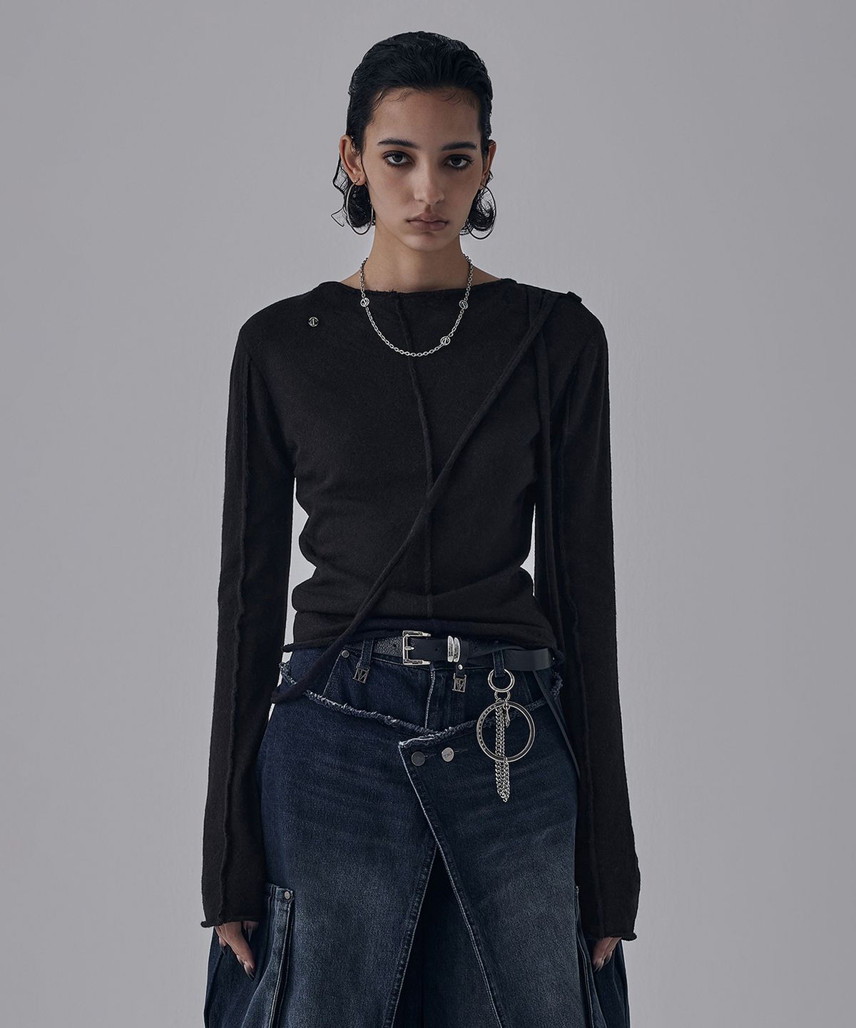 트리밍버드(TREEMINGBIRD) Alpaca String Pin Tuck Knit [ Black ]