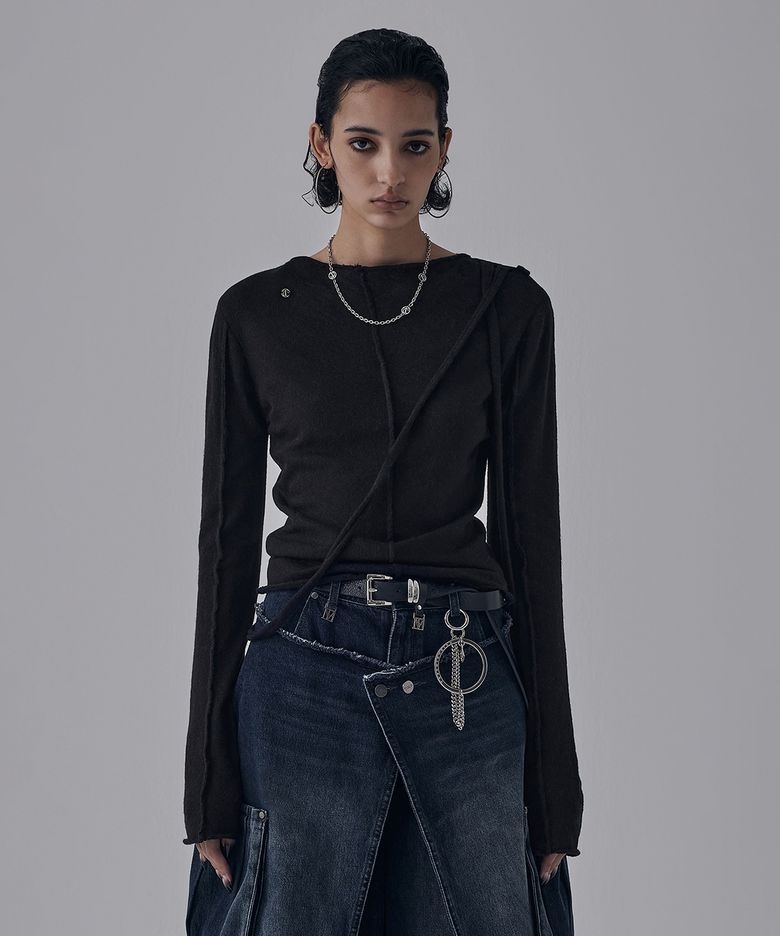 Alpaca String Pin Tuck Knit [ Black ]
