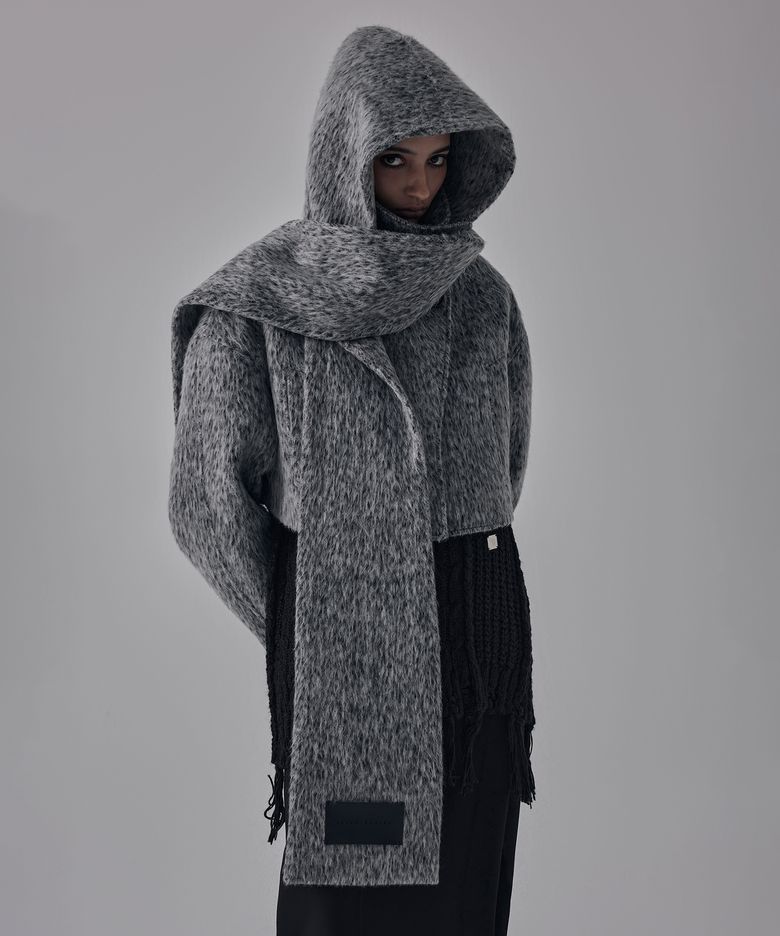 Hairy Hoddie Muffler Set-up Crop Coat [ Gray ]