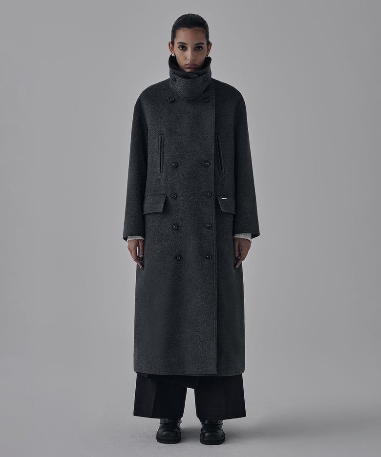 High Neck Double Button Wool Long Coat [ Charcoal ]
