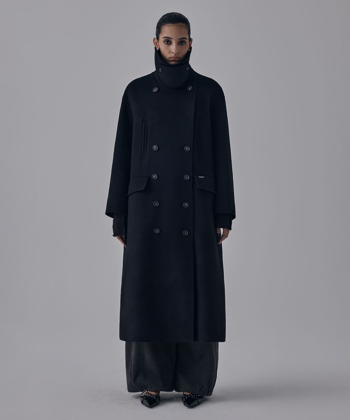 트리밍버드(TREEMINGBIRD) High Neck Double Button Wool Long Coat [ Black ]