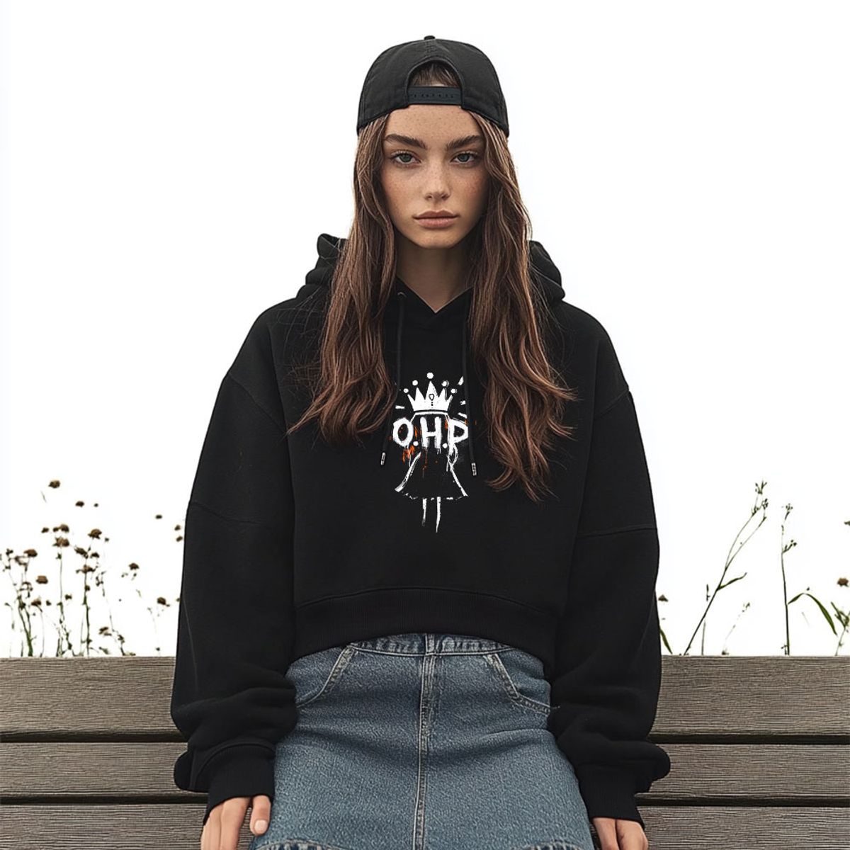 원헌드레드퍼센트 포 우먼(ONEHUNDREDPERCENT FOR WOMAN) OHPxAIDAEVE 크라운소녀 우먼 크롭 기모 후드