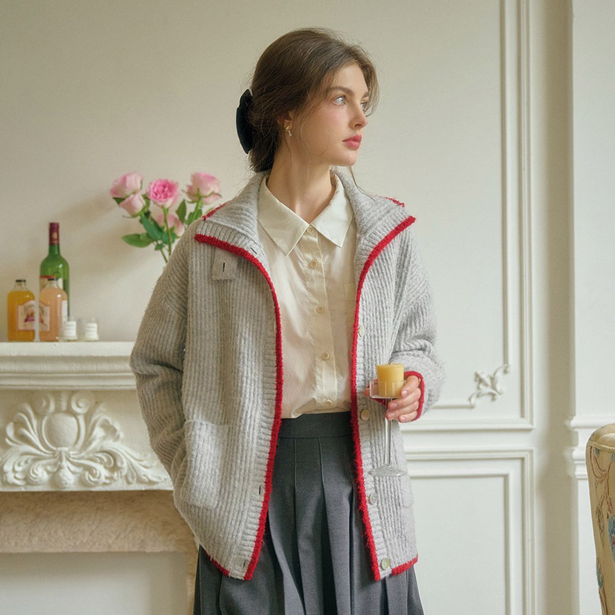 심플레트로(SIMPLE RETRO) SR_Double pocket loose cardigan_GRAY