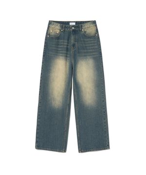 87-STAN162 워시드 빈티지 캣워싱 와이드 데님팬츠 빈티지옐로우