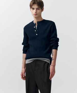 코튼 리브드 헨리넥 니트 (네이비)