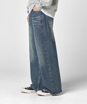 빈티지 바이오 캣워싱 와이드 데님 팬츠 [샌드 인디고]