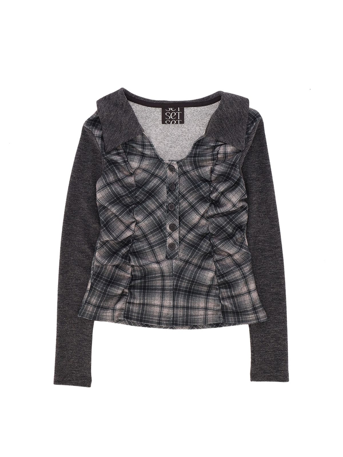 쎄쎄쎄(SETSETSET) CHECKERED COLLAR SHIRRING TOP (CHARCOAL)