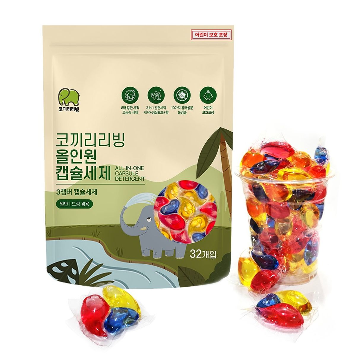 코끼리리빙(KOKIRILIVING) 캡슐세제 올인원 고농축  3in1 장미향 12g 32개입 일반/드럼 겸용