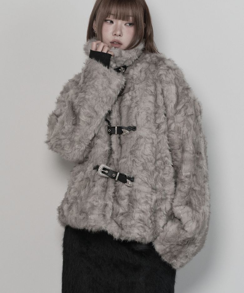 웨스턴 벨트 믹스 퍼 자켓 (그레이)
