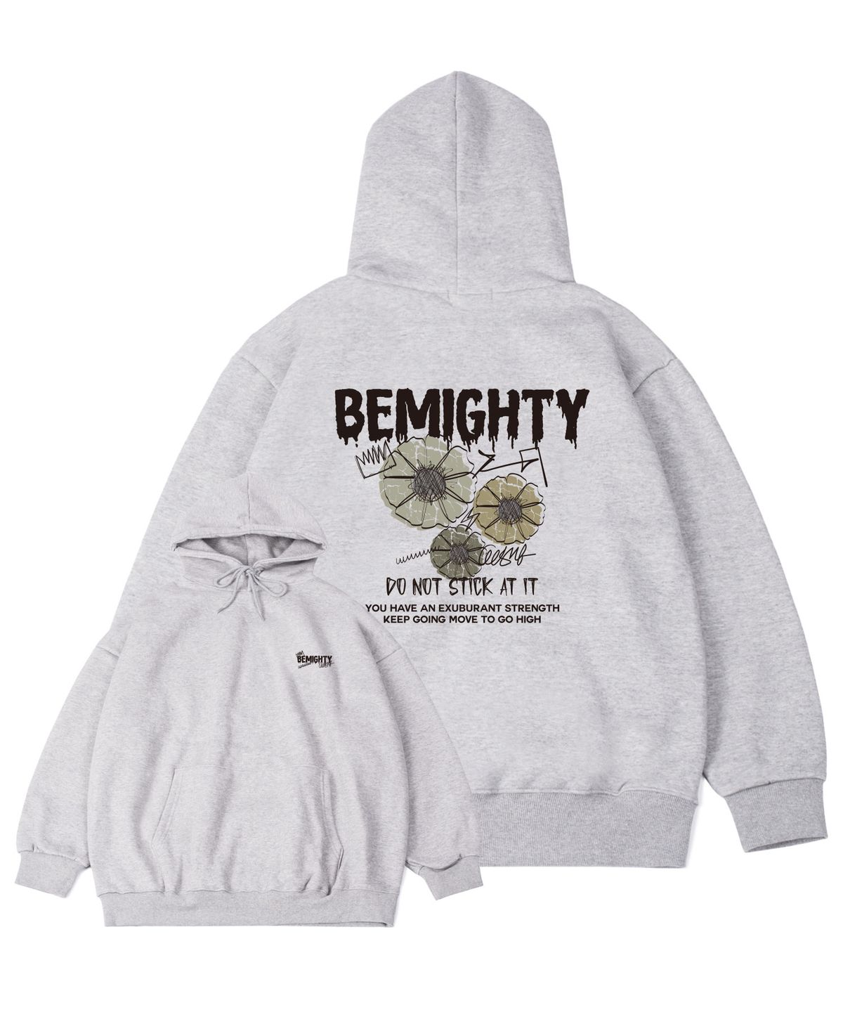 비마이티(BEMIGHTY) SY플라워 드로잉 기모 오버핏 후드티 [그레이]