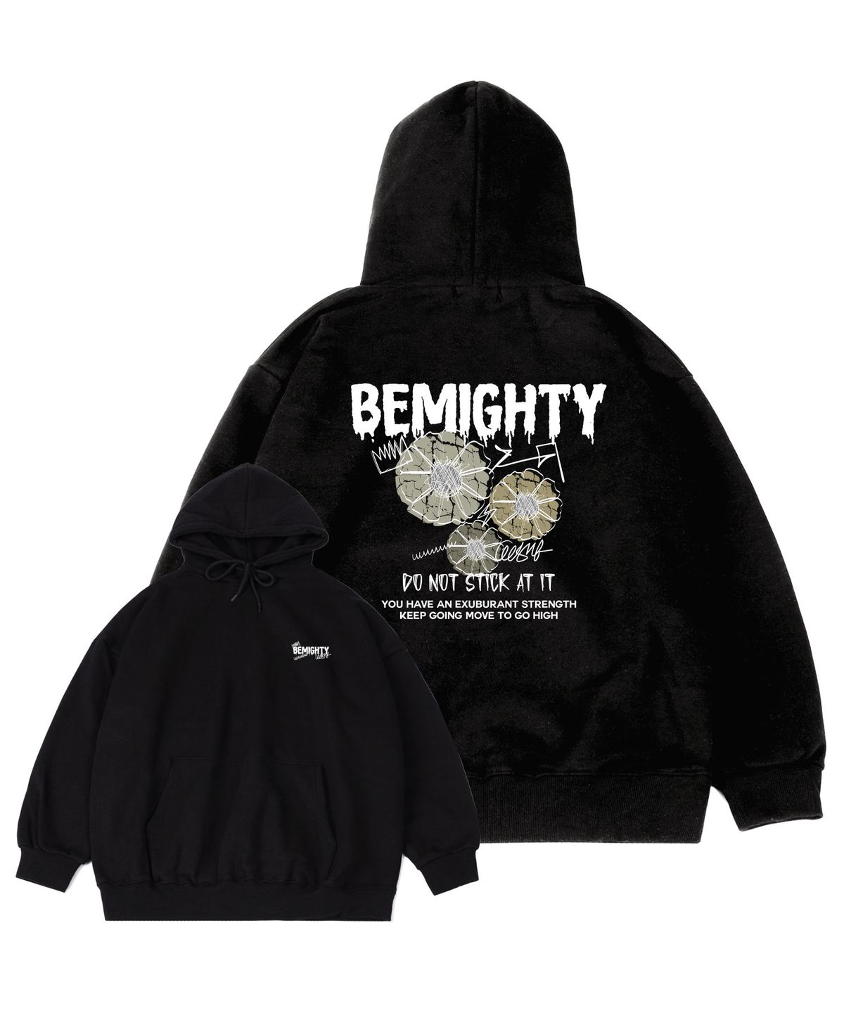 비마이티(BEMIGHTY) SY플라워 드로잉 기모 오버핏 후드티 [블랙]