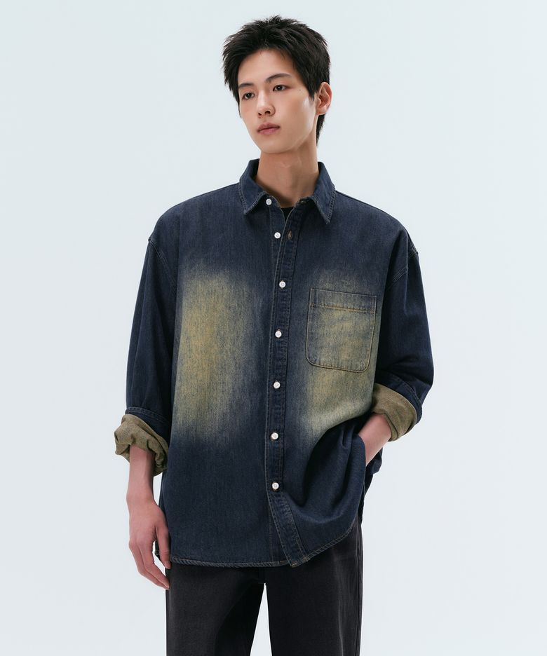 빅 브러쉬 오버사이즈 데님 셔츠 [옐로우 다크 블루]