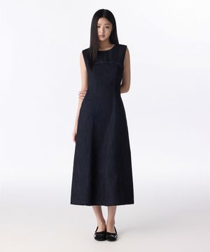 우먼즈 패널드 데님 맥시 드레스 [딥 인디고]
