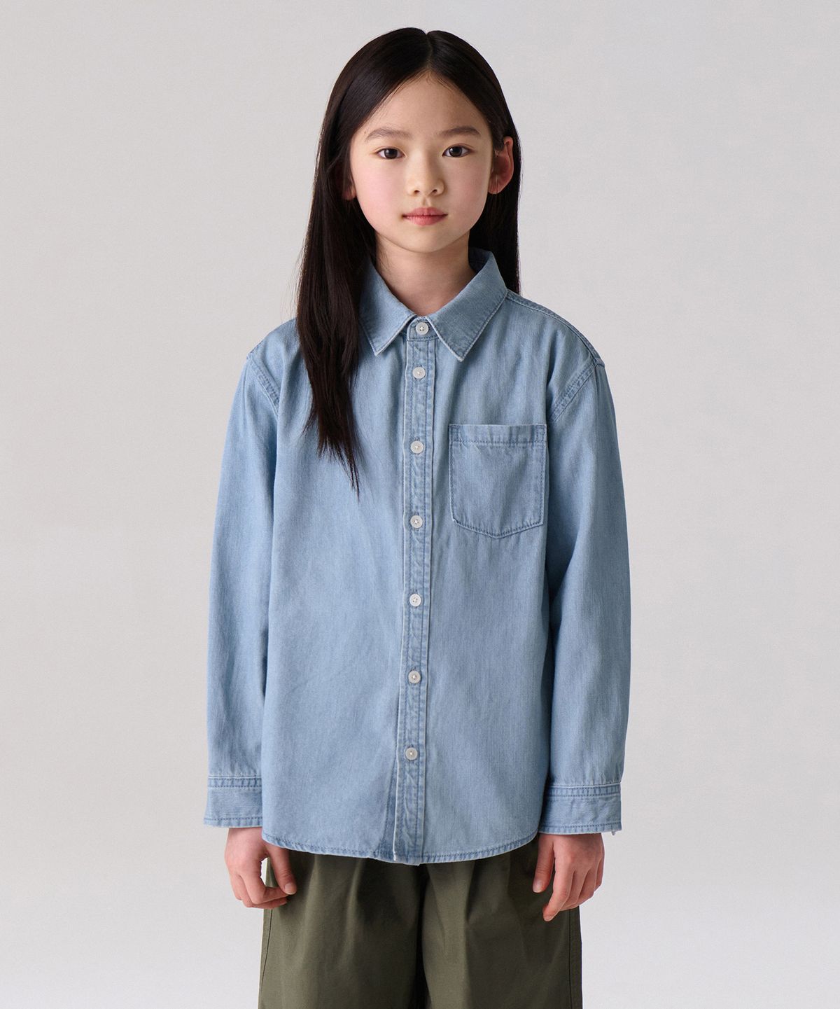 무신사 스탠다드 키즈(MUSINSA STANDARD KIDS) 릴렉스드 데님 셔츠 [라이트 인디고]