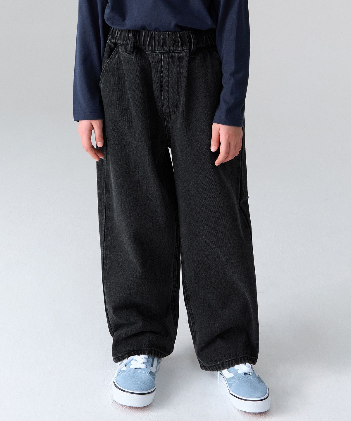 무신사 스탠다드 키즈(MUSINSA STANDARD KIDS) 루즈 와이드 밴딩 데님 팬츠 [워시드 블랙]