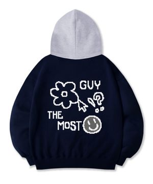 픽셀 그래픽 배색 오버 후디_네이비