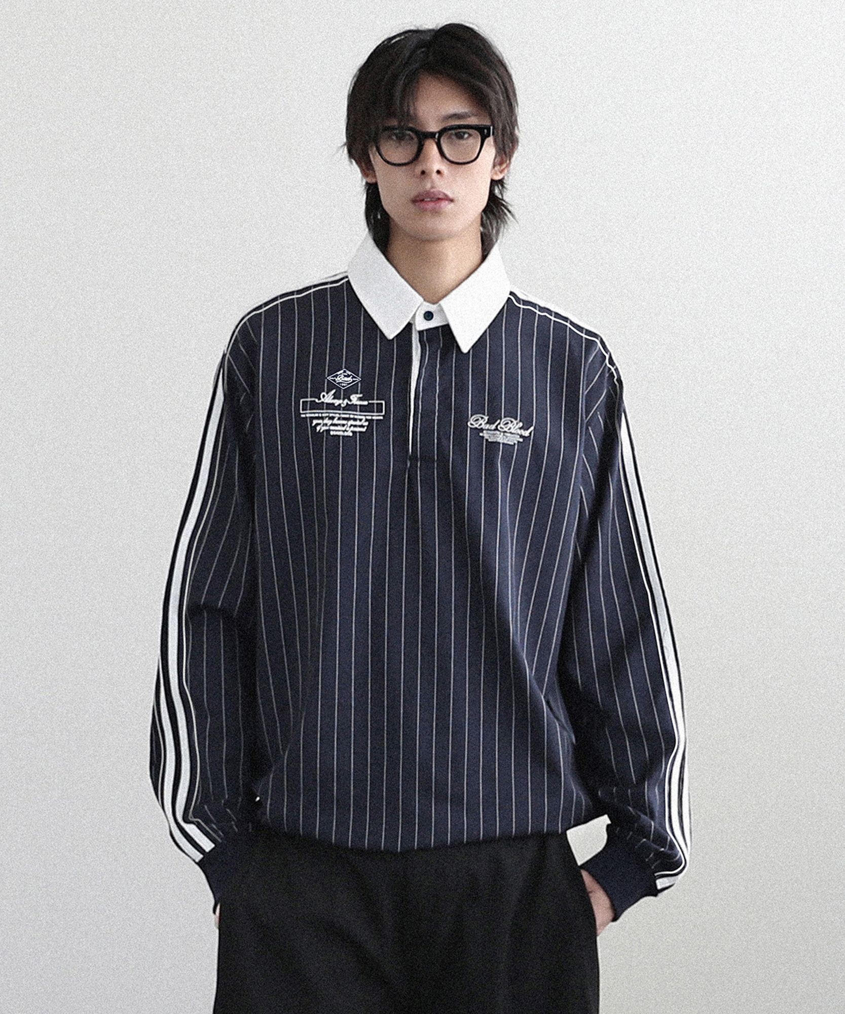 MUSINSA | BADBLOOD Classic Logo Stripe Rugby Shirt - Navy