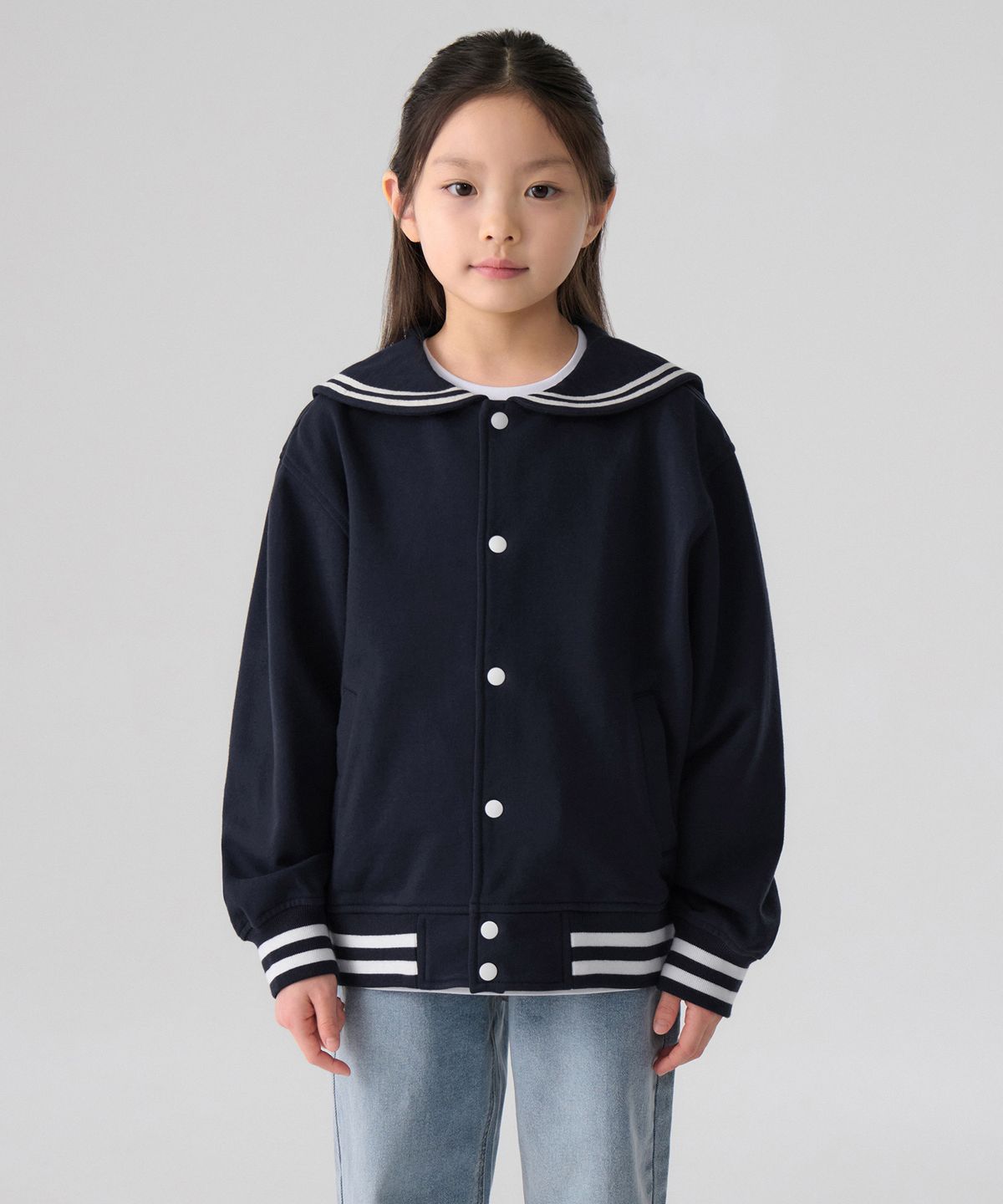 무신사 스탠다드 키즈(MUSINSA STANDARD KIDS) 오버사이즈 세일러 스웨트 바시티 재킷 [네이비]