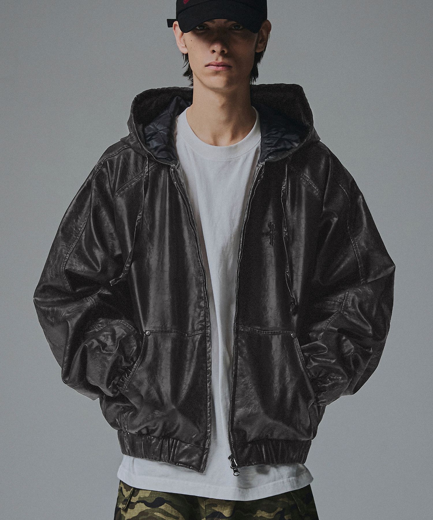 【NOT4NERD】 Crop Leather Vintage Hooded Jacket ★3色 MUSINSA | NOT4NERD Crop Leather Vintage Hooded Jacket - Charcoal
