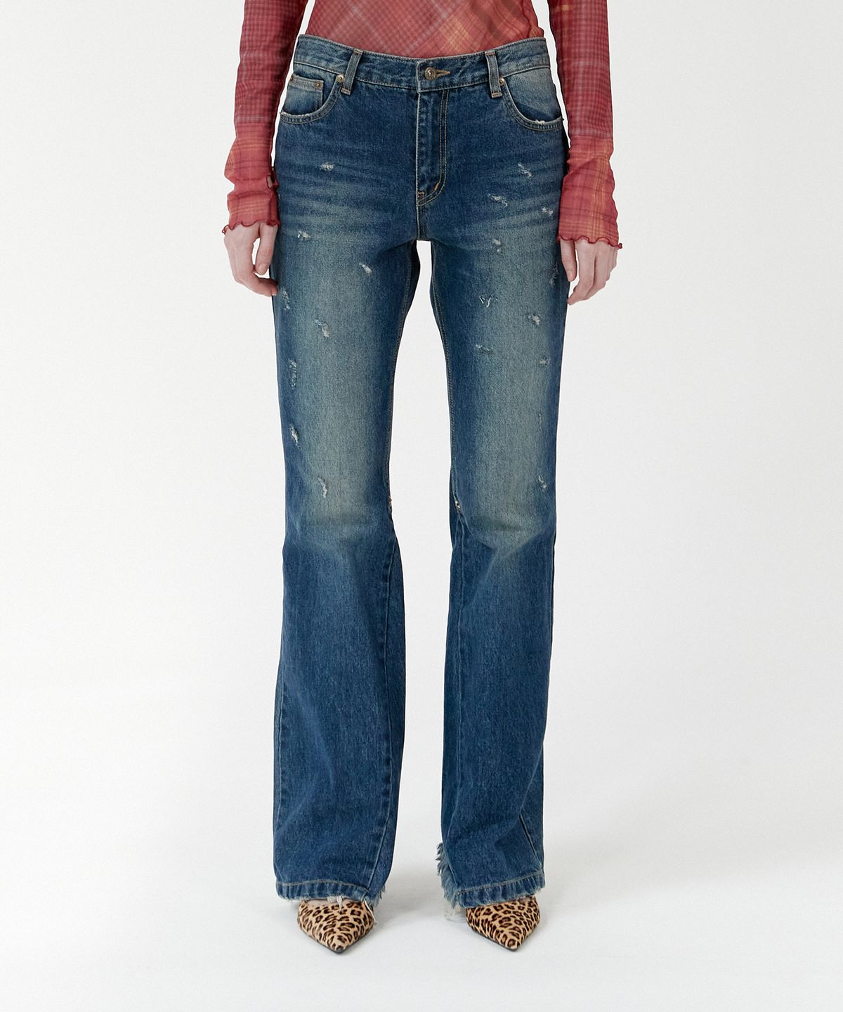 경(GYEONG) Damage Buts Cut Denim Jeans_Deep Blue