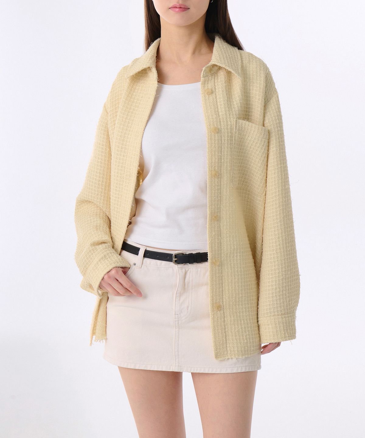 무신사 스탠다드 우먼(MUSINSA STANDARD WOMAN) [실밥 디테일] 우먼즈 오버사이즈 트위드 셔츠 재킷 [버터]