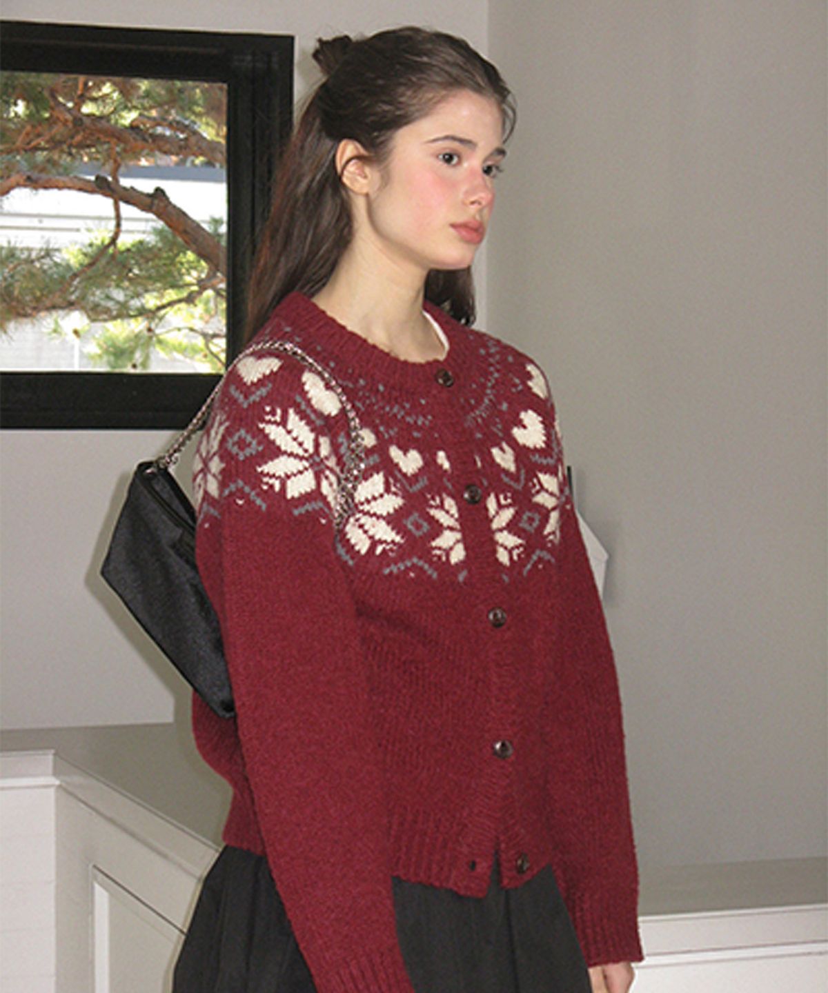 썸웨어버터(SOMEWHEREBUTTER) Heart Alpaca Nordic Cardigan - Burgundy