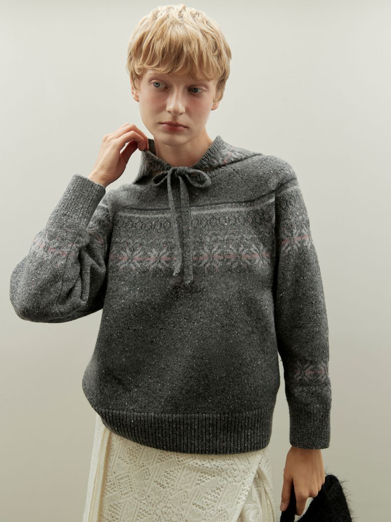 WOOL SILK BLENDED NORDIC KNIT+HEAD SCARF SET_DARK GREY