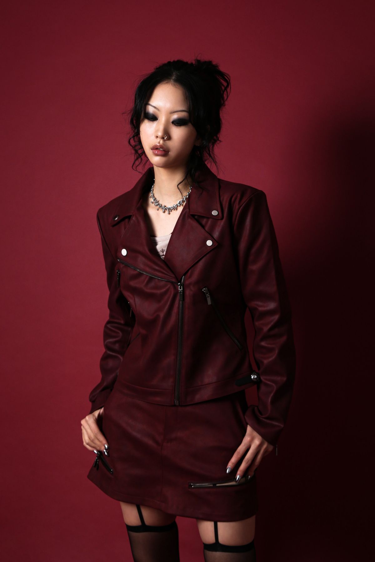 달링유어배드(DARLING, YOU'RE BAD) ANTIQUE ROSE SLIM RIDER JACKET #SUEDE RED