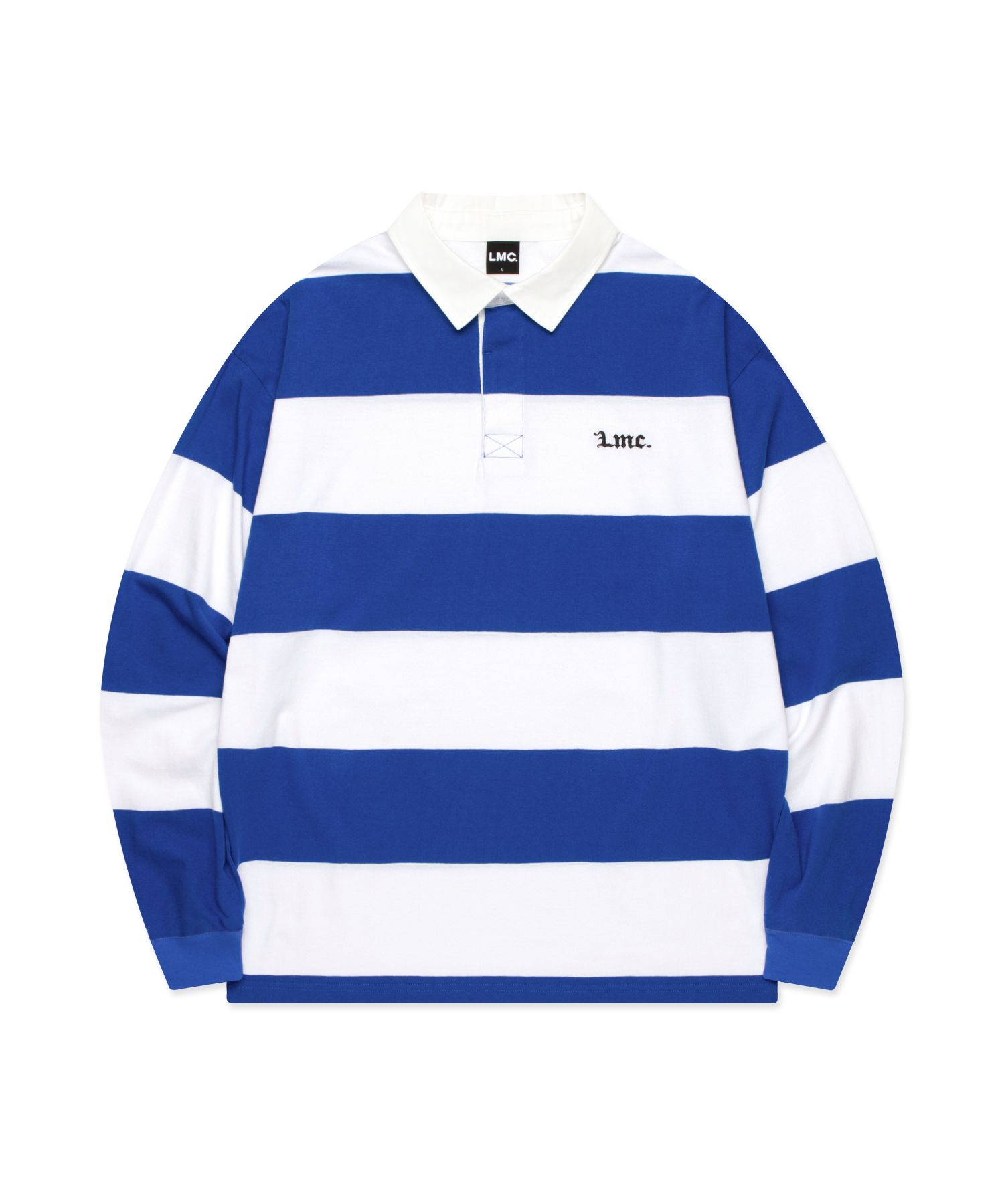 MUSINSA | LMC STRIPE GOTHIC NAME RUGBY SHIRT blue