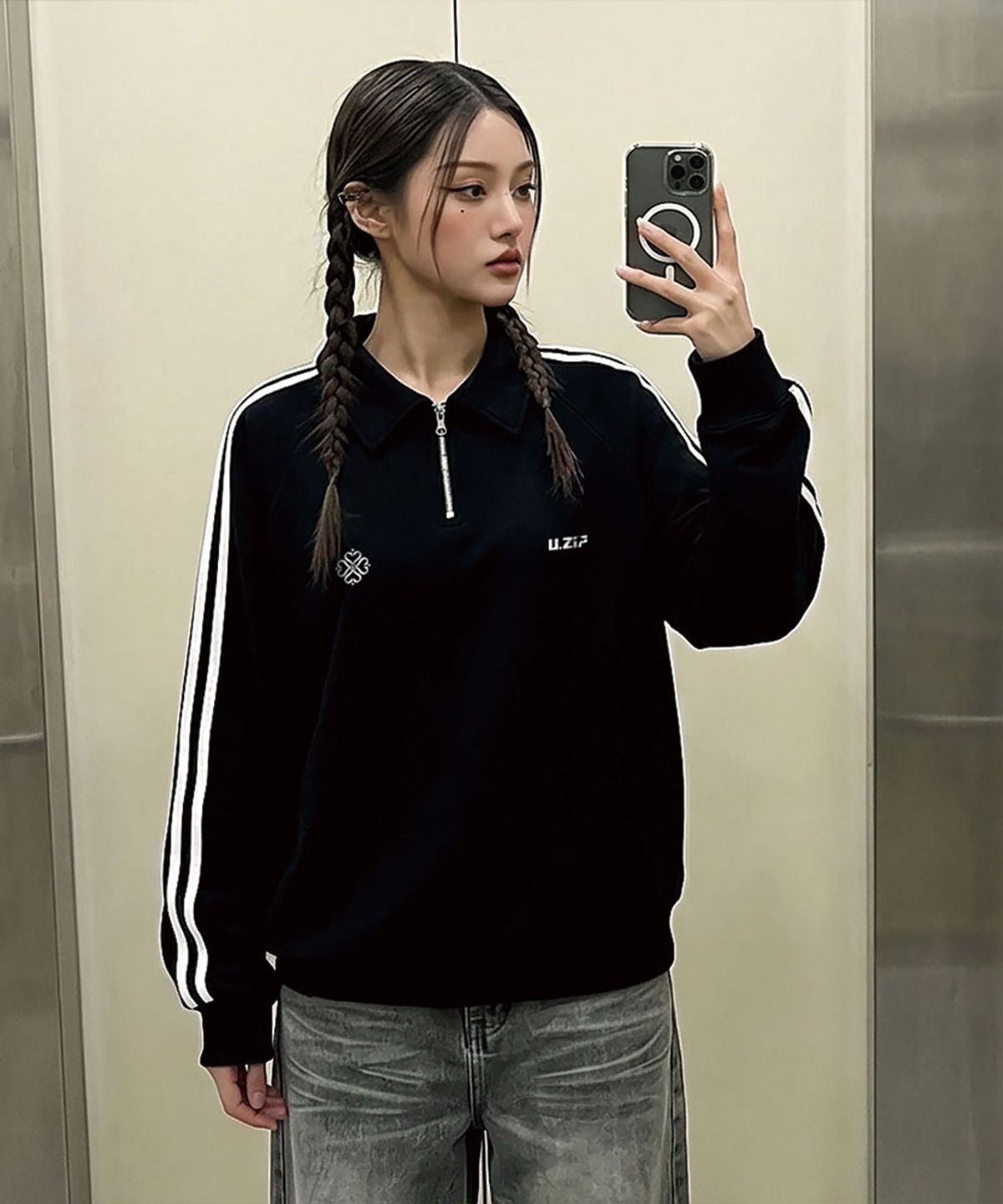 유라이프지(ULIFEZIP) 미니멀심볼 오버핏 트랙 카라반집업 맨투맨 2 Color [ULZM_8003]