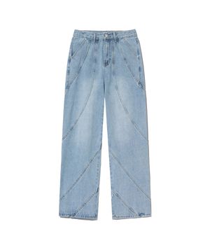 87-STAN186 노멀 워싱 커브드 라인 와이드 데님팬츠 블리치