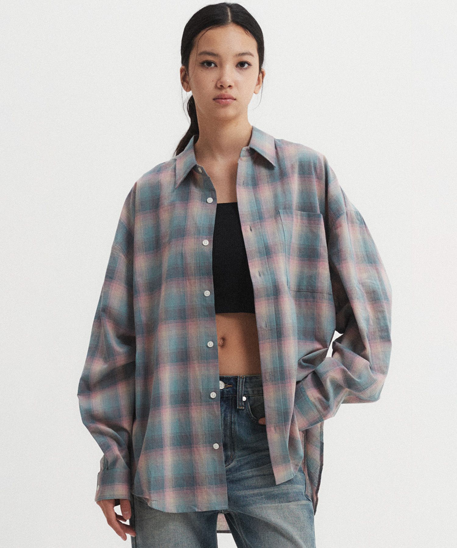 MUSINSA | DNSR WOMEN Oversized flannel check shirt pink