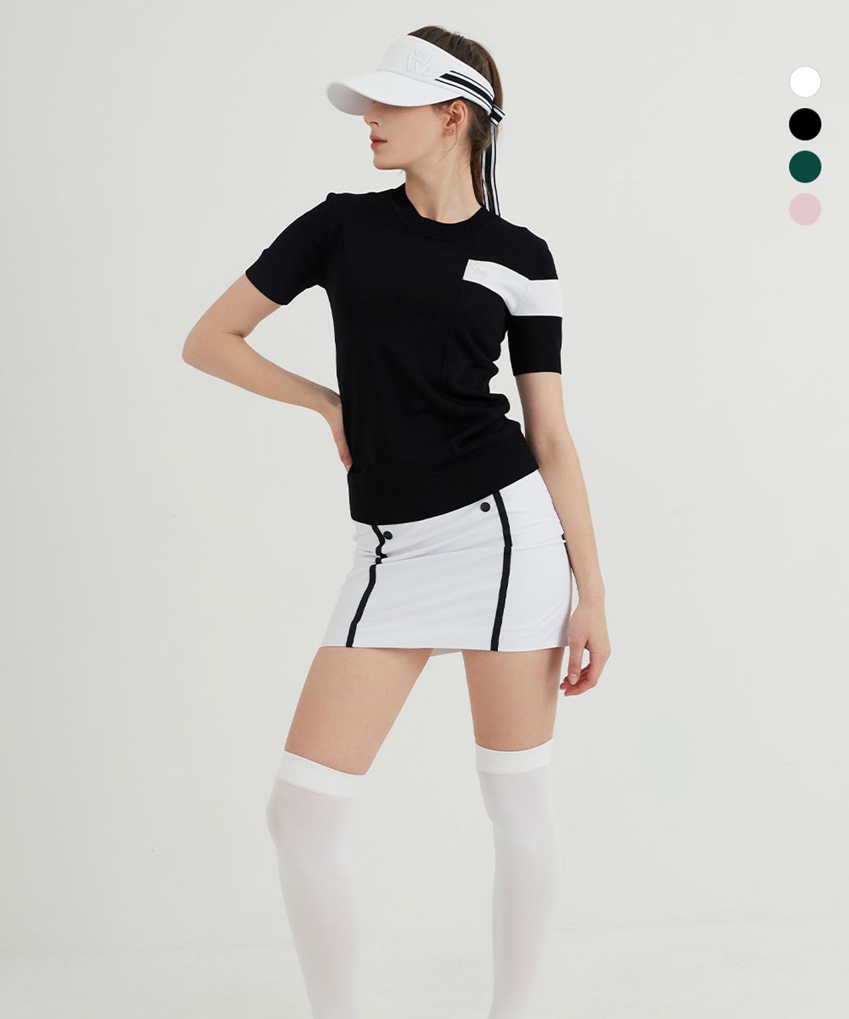 듀빅(DUVIK) 여성 면블럭 라운드 반팔 스웨터 DC2WSW001