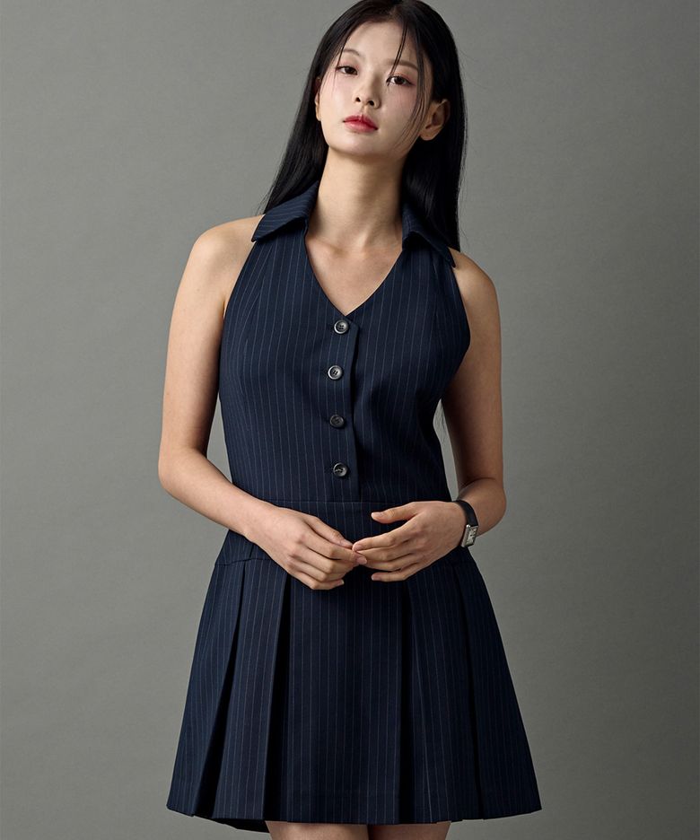 핀스트라이프 홀터넥 드레스 (네이비)