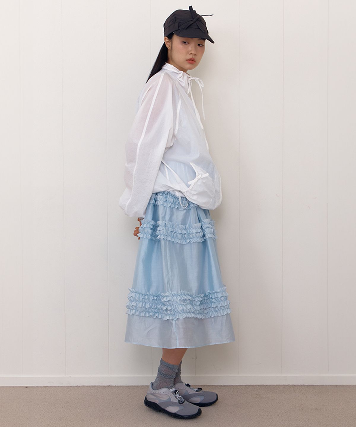 셀리테일즈(CELITAILS) SHEER FRILL LONG DRESS_SKY BLUE