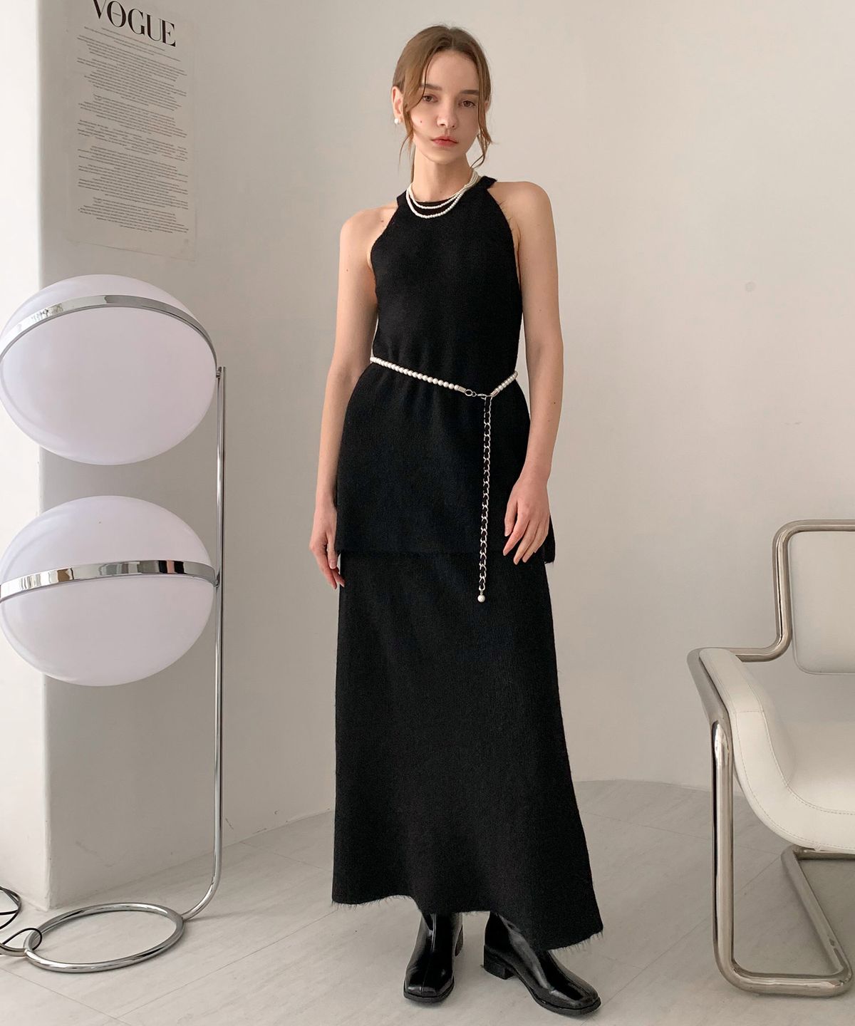 바스카라(VASCARA) [SET] Halterneck Long Knit Top+Skirt Set-up Black