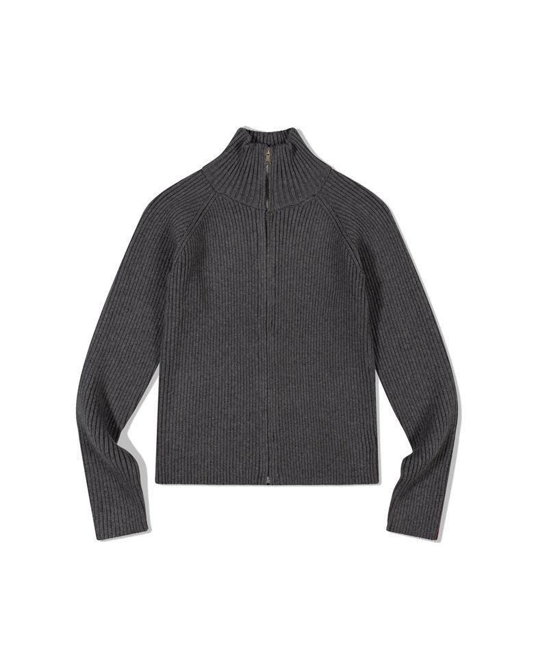 Ribbed Mock Neck Zip-Up (CHARCOAL)