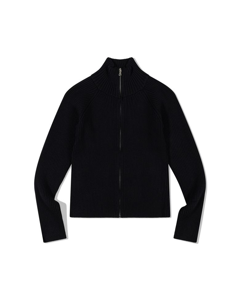 Ribbed Mock Neck Zip-Up (BLACK)
