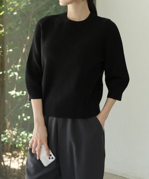 라운드넥 핀턱 7부 퍼프소매 니트 티셔츠