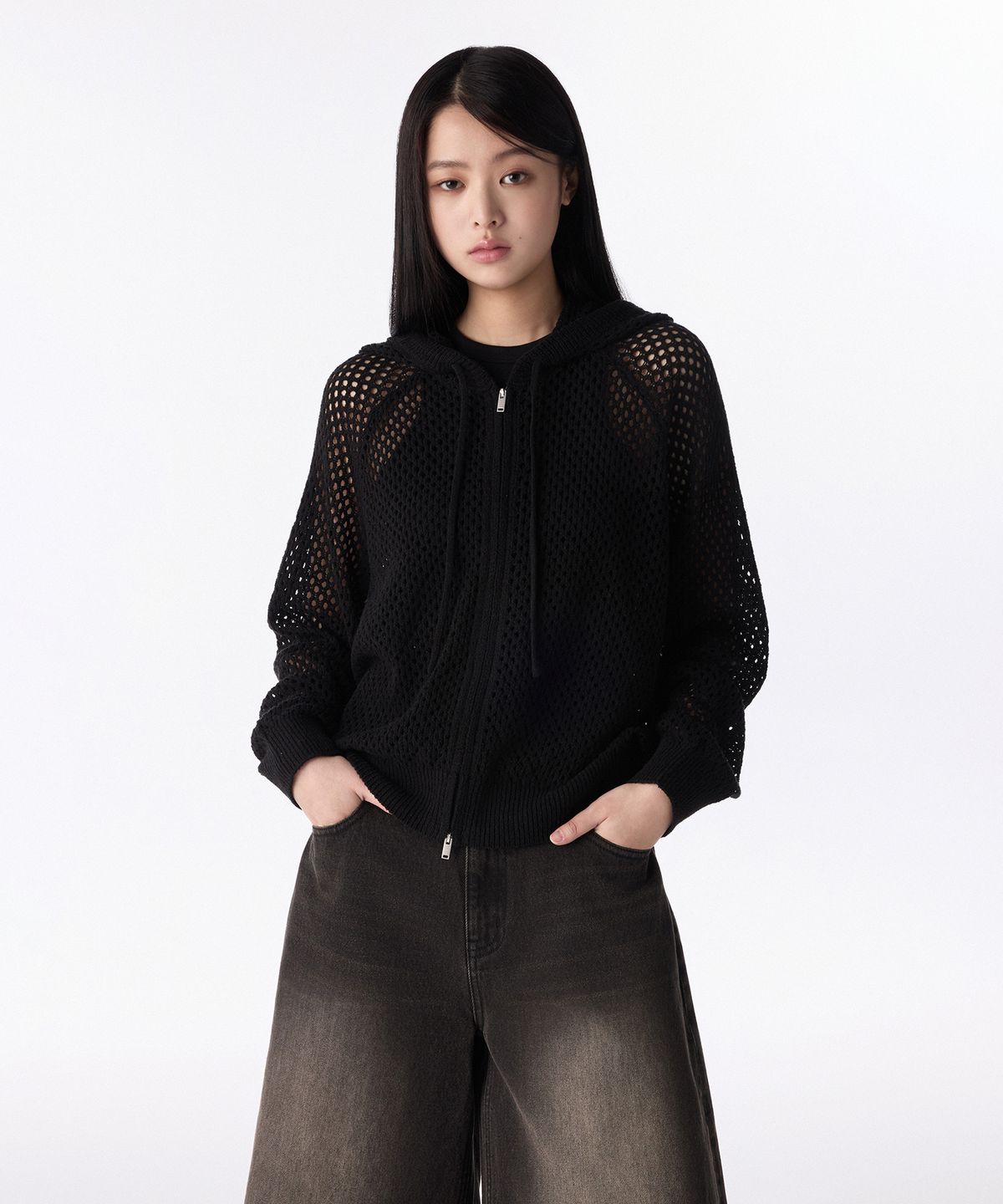 무신사 스탠다드 우먼(MUSINSA STANDARD WOMAN) 우먼즈 네트 니트 후디드 집업 [블랙]
