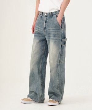 빈티지 워싱 카펜터 벌룬핏 데님 팬츠 유니섹스 (블루)