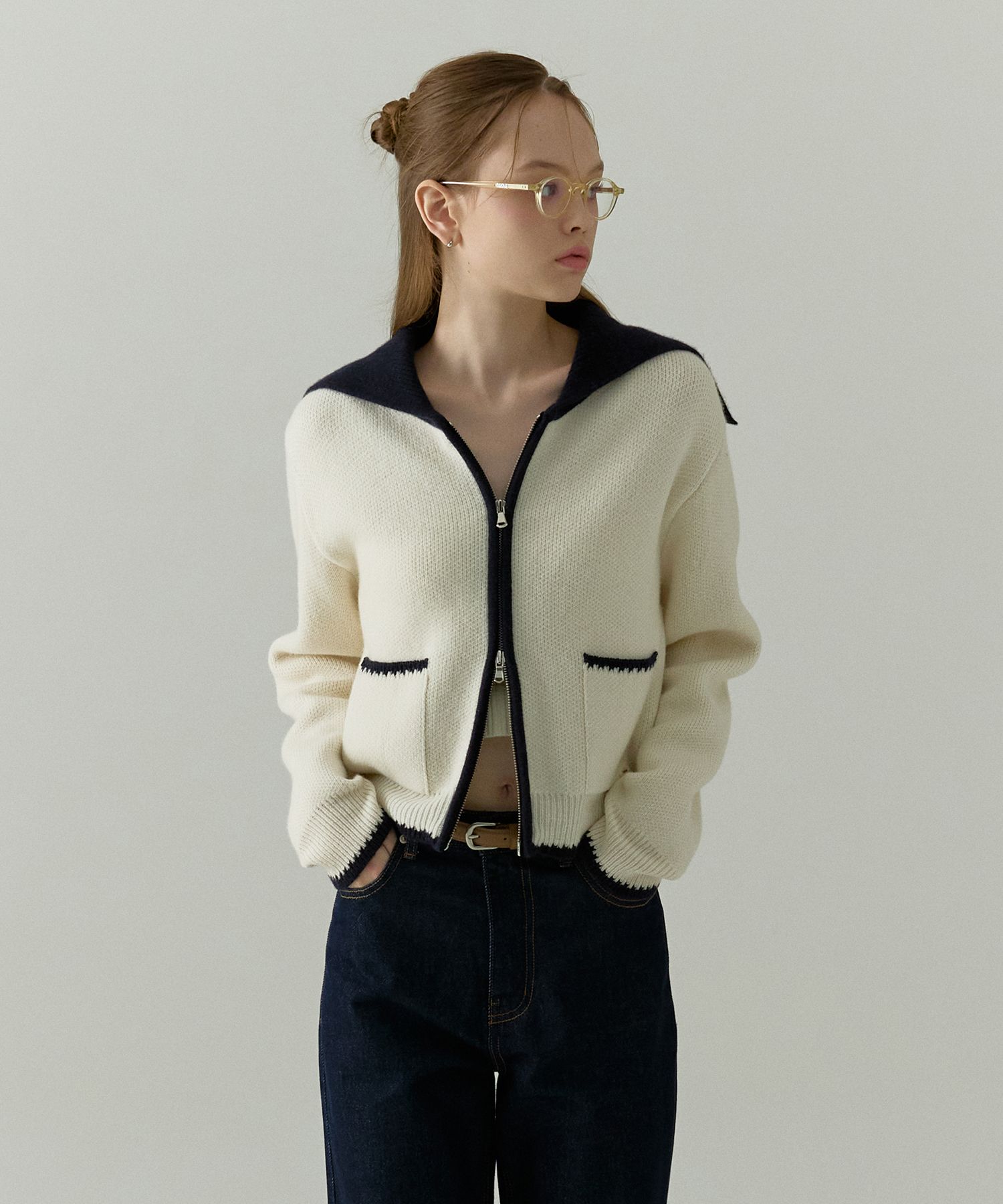 MUSINSA | OSTKAKA Wool Blended Color Block Sailor Cardigan Ivory