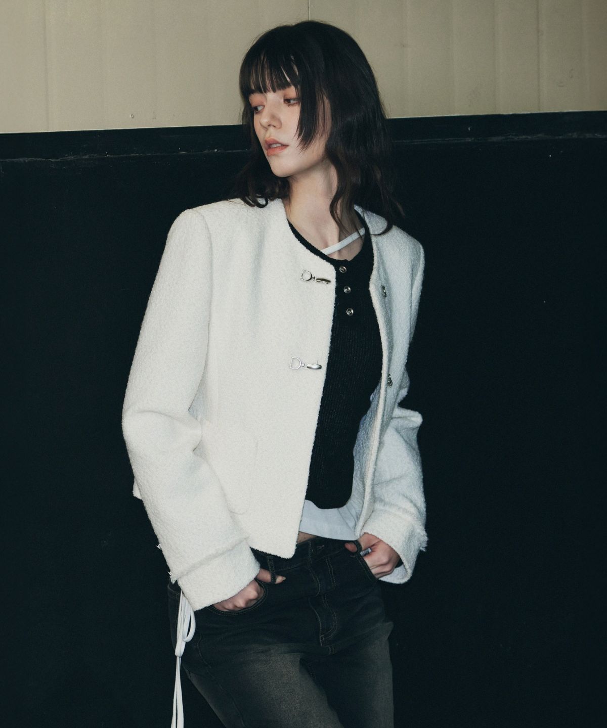 레더리(LEATHERY) 후크 트위드 자켓 [IVORY]
